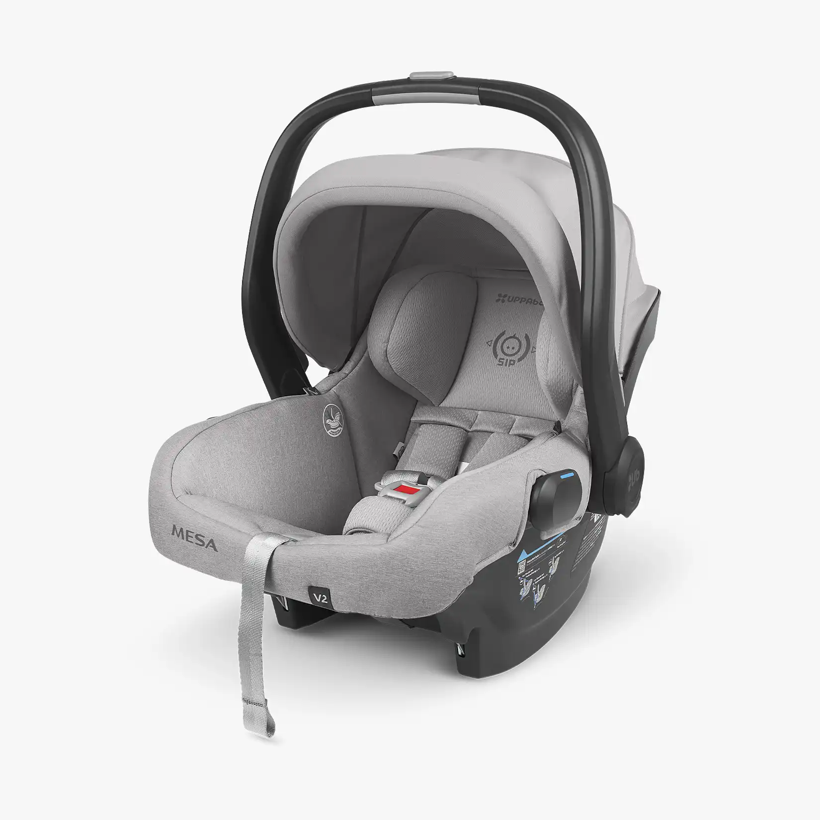 The Mesa V2 infant carrier (Stella) includes removable and washable seat fabrics that are free from flame-retardant chemicals, and a carry handle with a convenient stroller release button