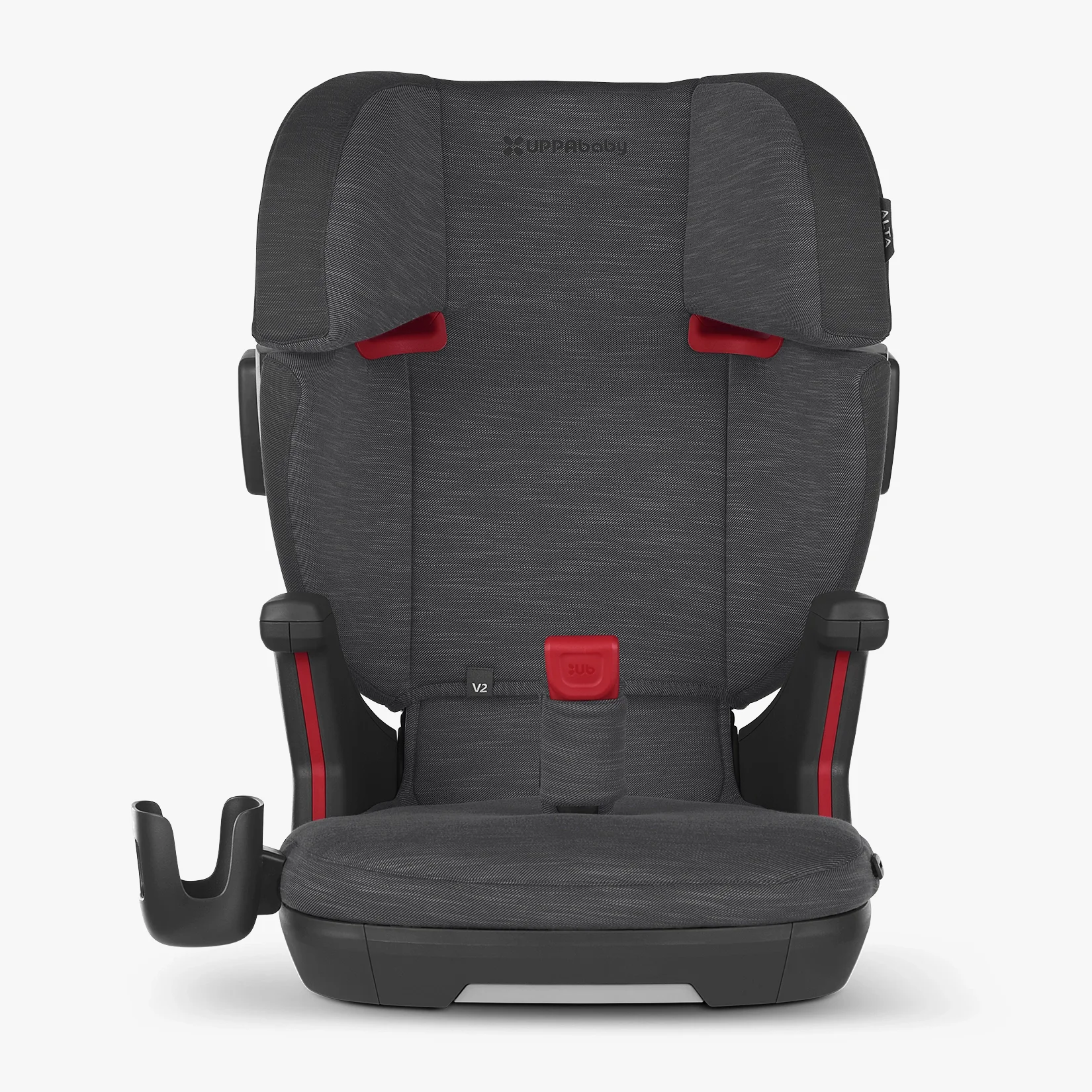The Alta V2 High Back Booster (Greyson) includes removable washable fabrics, a dishwasher-safe cupholder, and EPP foam and memory foam incorporated into the seat back to mitigate crash forces