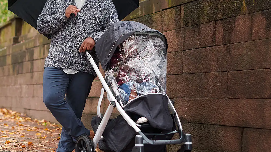 Rain shield on stroller