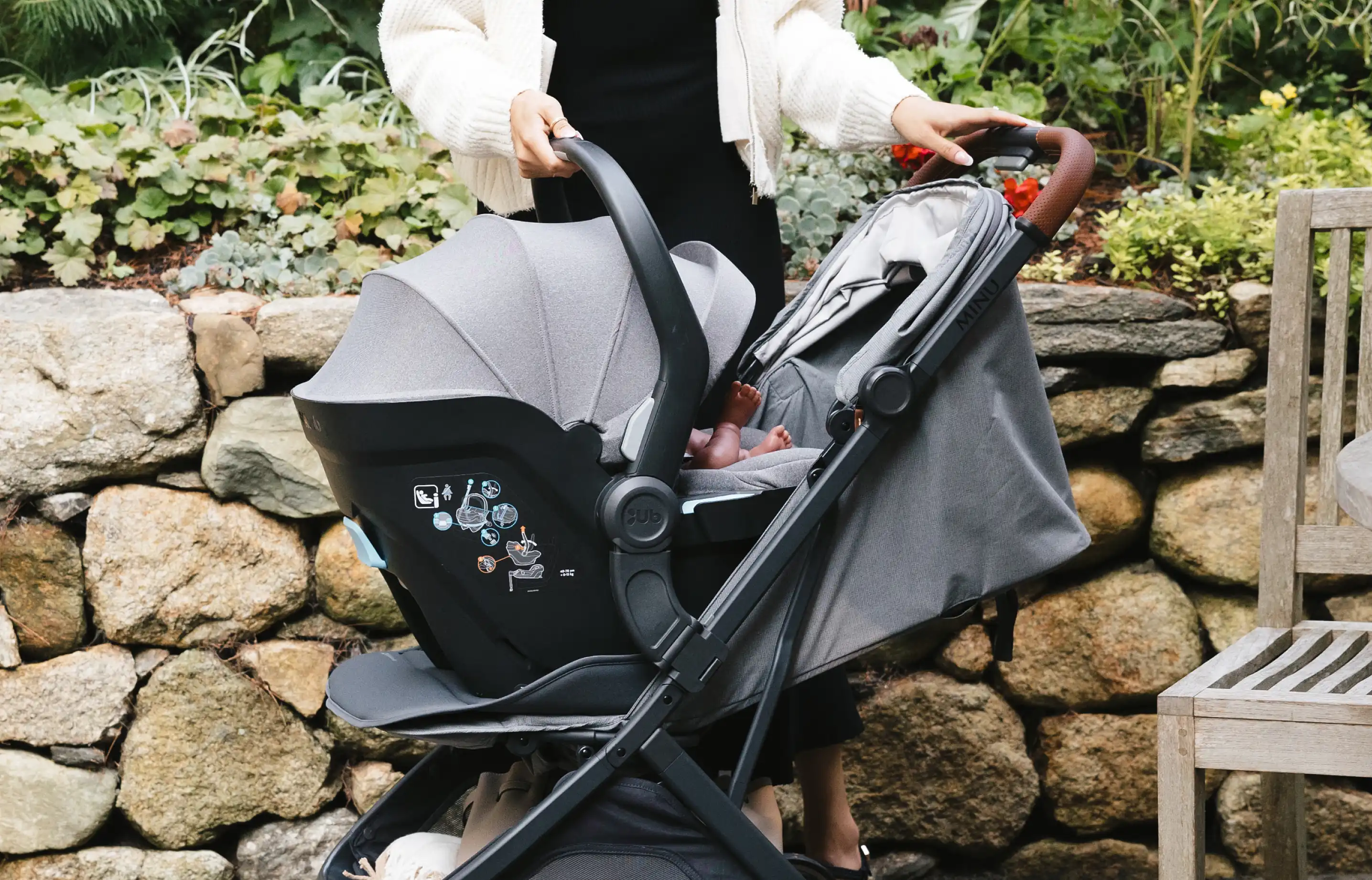Mother with travel system stroller