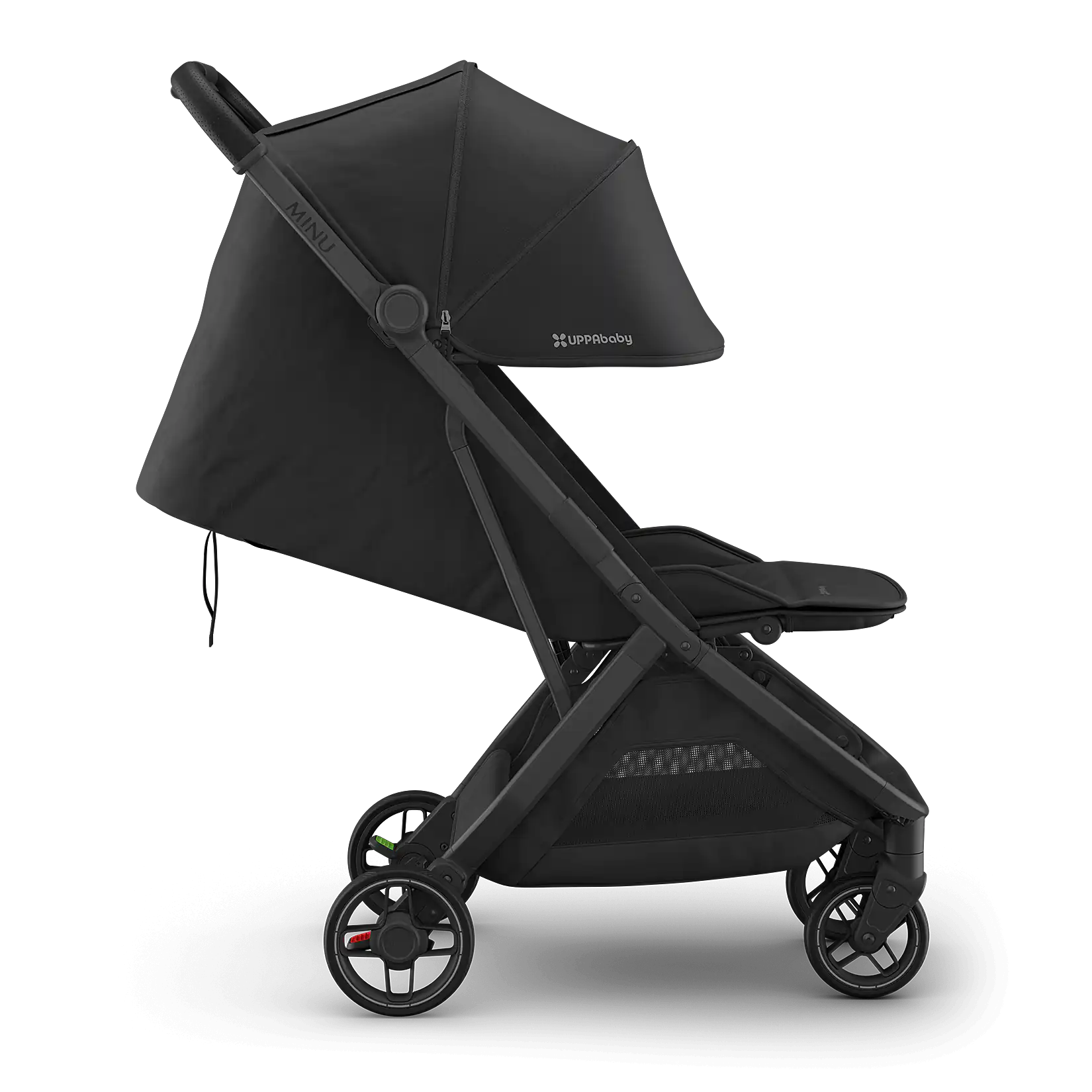 Vista lateral de la UPPAbaby MINU V3 con su asiento y reposapiernas