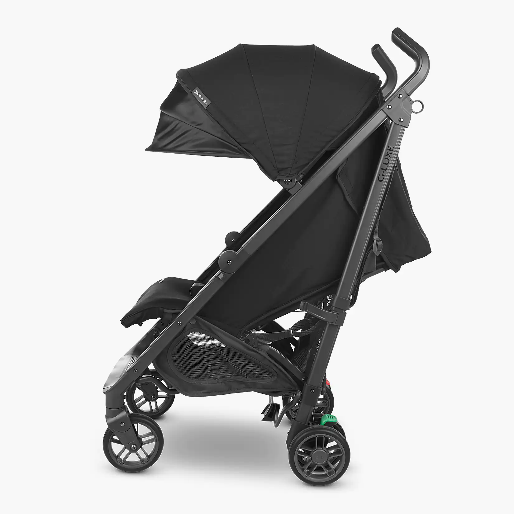 The G-Luxe (Jake) features an extendable, multi-panel canopy and pop out UPF 50+ sunshade, as well as a one-handed recline and adjustable footrest
